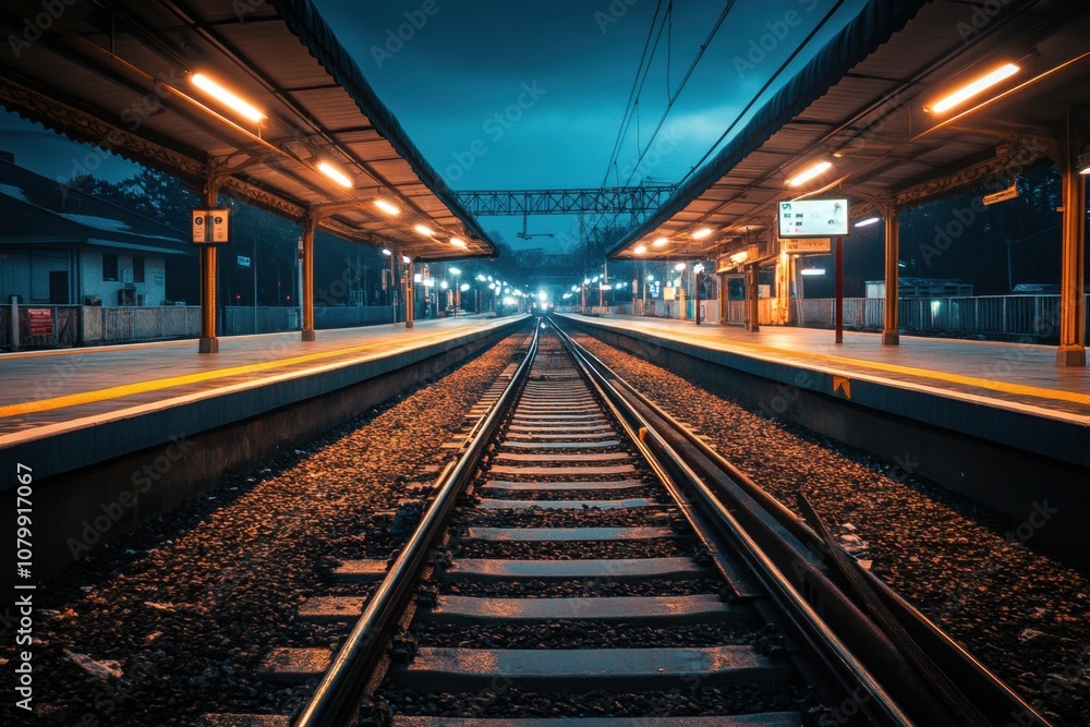 Naklejka premium Empty train tracks at night, leading to a distant light.