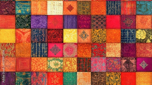 Colorful hand-drawn vector patchwork quilt pattern with Indian photo