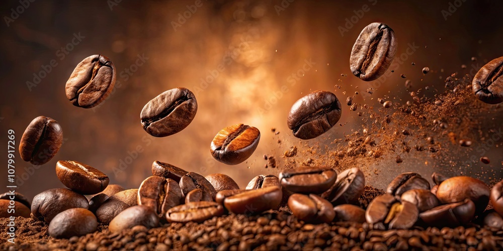 Close-up of roasted coffee beans in mid-air with coffee grounds on brown background, coffee, beans, roasted, close-up Close-up of roasted coffee beans in mid-air with coffee grounds on brown background, coffee, beans, roasted, close-up