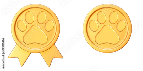 3d golden winner medal with sign paw and ribbon. Coin with paw. Stock vector illustration on isolated background.