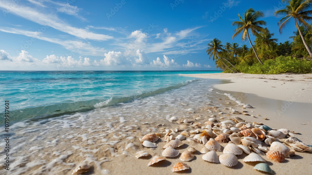 A picturesque beach scene with crystal clear turquoise waters lapping gently against the sandy shore, Palm trees sway in the breeze under a bright blue sky, A picturesque beach scene with crystal clear turquoise waters lapping gently against the sandy shore, Palm trees sway in the breeze under a bright blue sky,