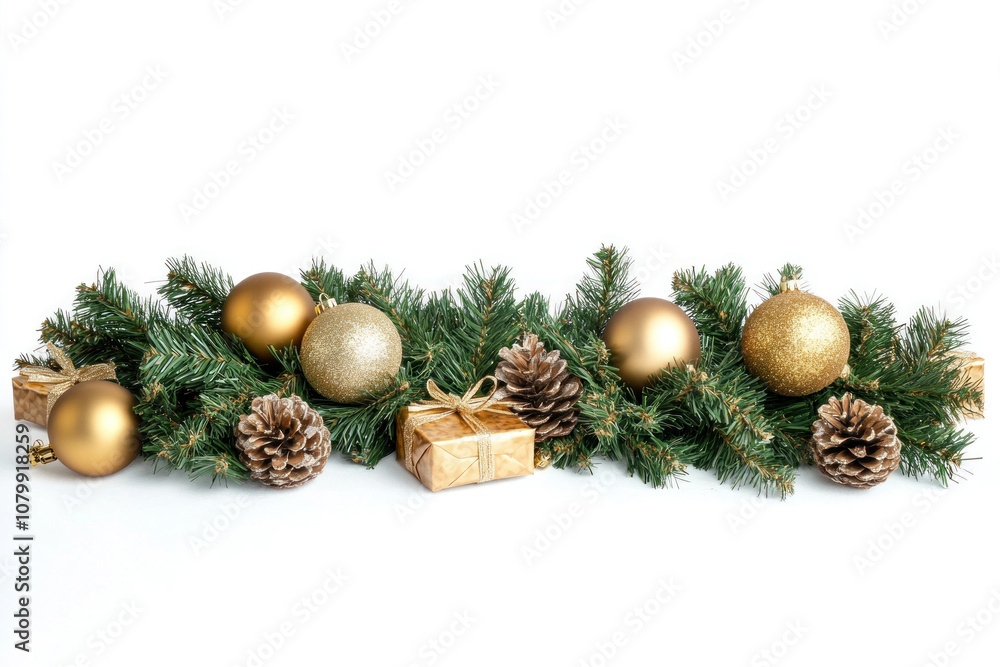 Christmas garland with gold ornaments and pine cones, beautifully decorating a staircase railing. Christmas garland with gold ornaments and pine cones, beautifully decorating a staircase railing.