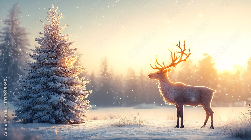 Majestic Reindeer with Glowing Antlers in a Snowy Winter Wonderland Landscape Majestic Reindeer with Glowing Antlers in a Snowy Winter Wonderland Landscape