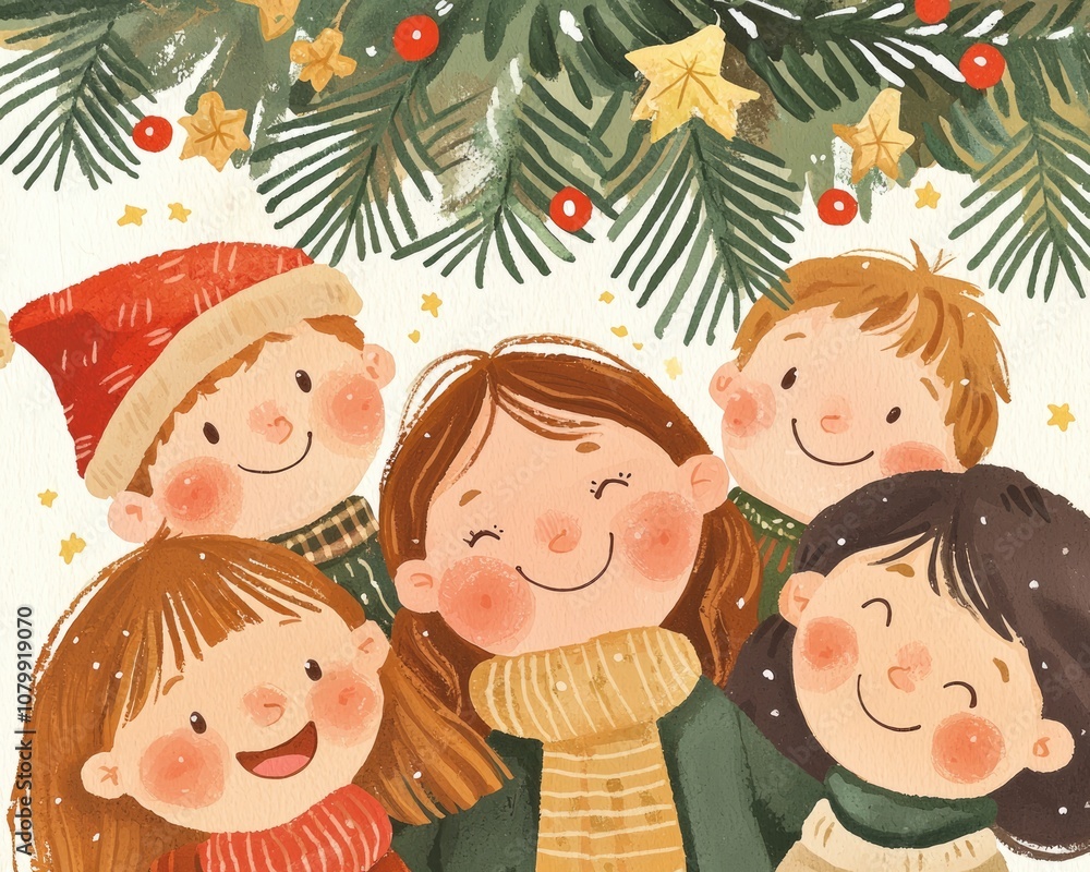Cozy Christmas Tree. Close-up of happy faces around a Christmas tree, lights sparkling, cozy joy, holiday spirit Cozy Christmas Tree. Close-up of happy faces around a Christmas tree, lights sparkling, cozy joy, holiday spirit