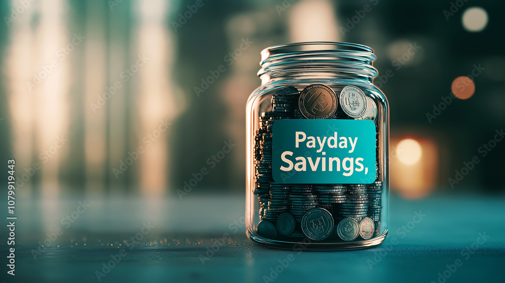 Payday savings action coin jar display modern setup indoor view financial concept Payday savings action coin jar display modern setup indoor view financial concept