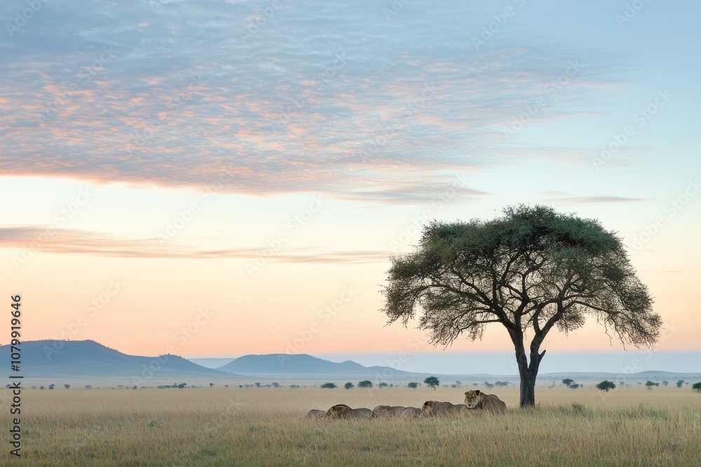 Obraz premium Serene Savanna Sunset with Lone Tree and Herd of Grazing Animals