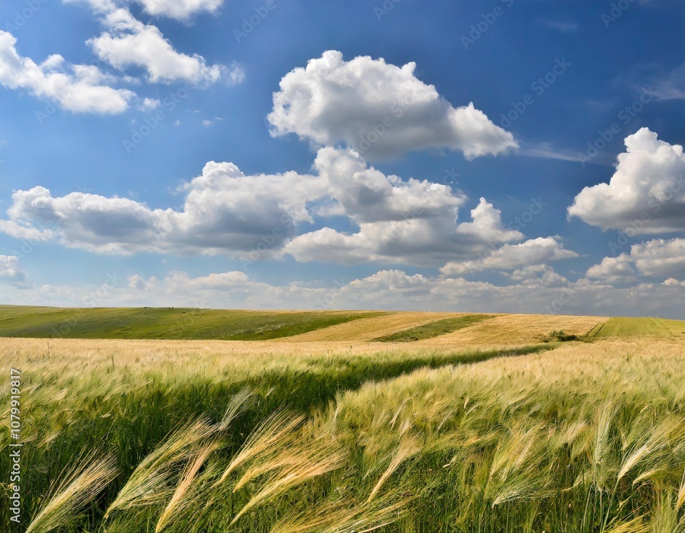 Wide Open Prairie With Golden Wheat Swaying in the Breeze, Underneath a Clear Blue Sky and Puffy White Clouds, Creating a Serene Midday Scene of the Countryside Wide Open Prairie With Golden Wheat Swaying in the Breeze, Underneath a Clear Blue Sky and Puffy White Clouds, Creating a Serene Midday Scene of the Countryside