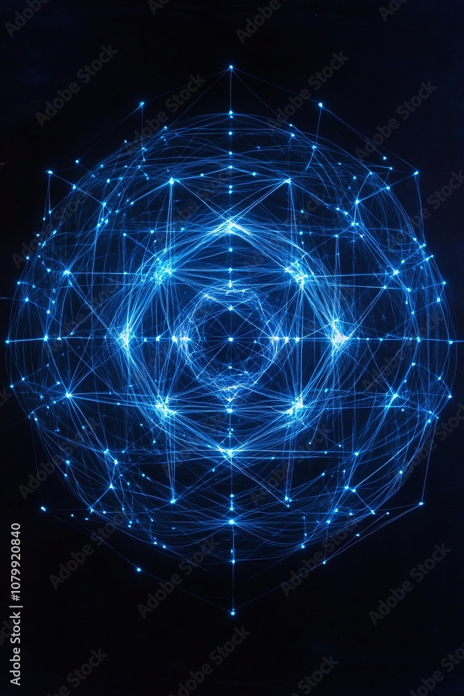 Obraz premium Abstract blue geometric design with interconnected lines and glowing nodes creating a futuristic network on a dark background for digital concepts