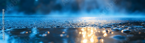 Abstract background of blue light beams and mist over an asphalt surface with water reflections  -