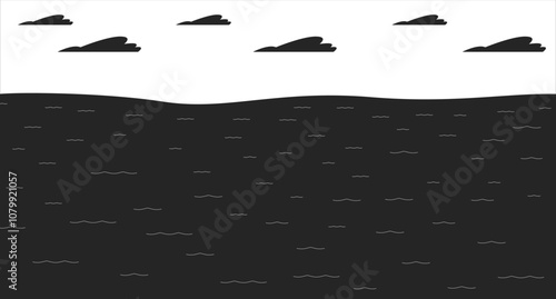 Flood natural disaster black and white line illustration. Climate crisis problems. Water level rising during heavy rains 2D landscape monochrome backdrop. Global warming impact outline vector