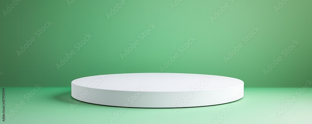 minimalist round white podium green background concept. Round display platform on a green background for product presentations. minimalist round white podium green background concept. Round display platform on a green background for product presentations.