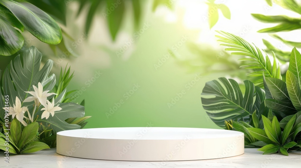 minimalist round white podium green background concept. Round display podium surrounded by lush green foliage and vibrant flowers. minimalist round white podium green background concept. Round display podium surrounded by lush green foliage and vibrant flowers.