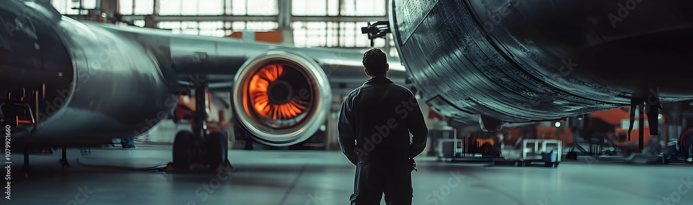 Aircraft technician repairing a turbine in an aviation maintenance facility - Aircraft technician repairing a turbine in an aviation maintenance facility -