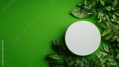 minimalist round white podium green background concept. White round plate surrounded by fresh green leaves on vibrant background.