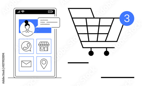 Mobile phone screen with user profile and various app icons next to a shopping cart showing three items. Ideal for e-commerce, online shopping, retail, customer service, user interface design