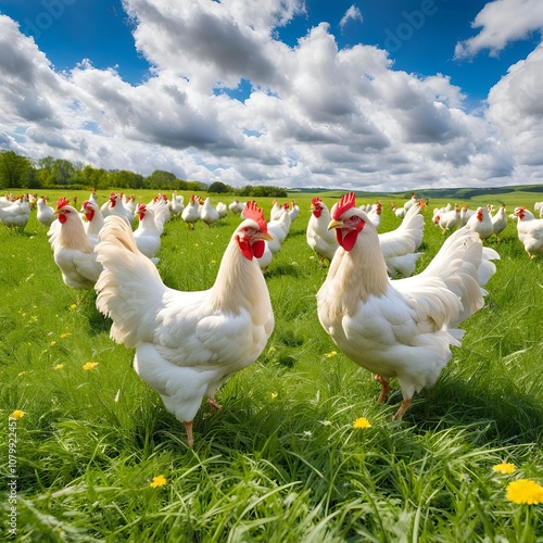 Free range chicken on an organic farm. Freely grazing on a meadow. Chickens walk on the grass