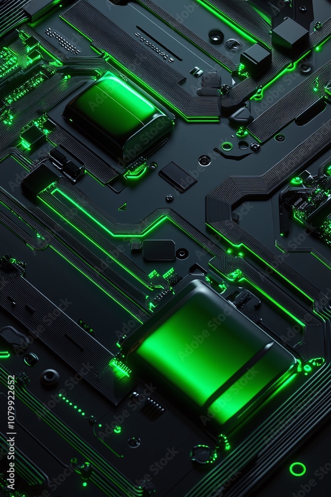 Fototapeta premium Abstract close-up of a futuristic circuit board with glowing green lights, showcasing intricate electronic patterns and modern technology components in a dark setting.