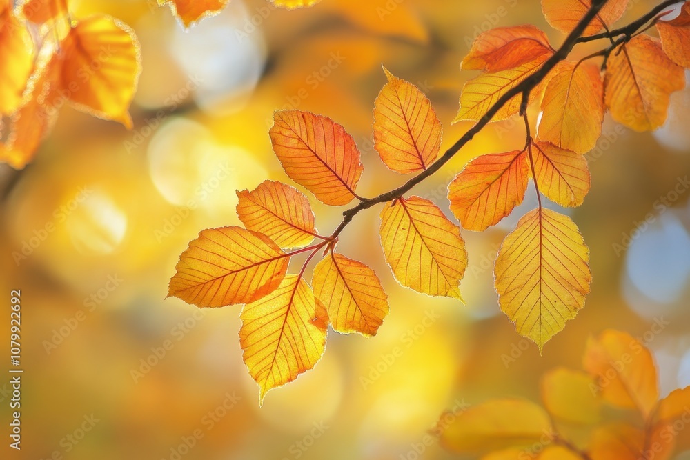 Golden autumn leaves on a branch with blurred background. Golden autumn leaves on a branch with blurred background.