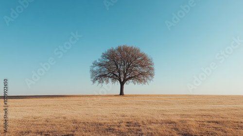 solitary old tree stands majestically in vast, empty field under clear blue sky, evoking sense of tranquility and resilience