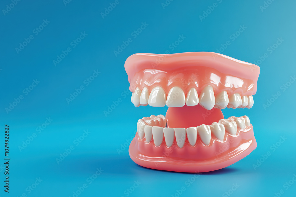 Obraz premium Close-up of gums with a piece of chewed gum stuck between teeth, highlighting poor oral hygiene practice.
