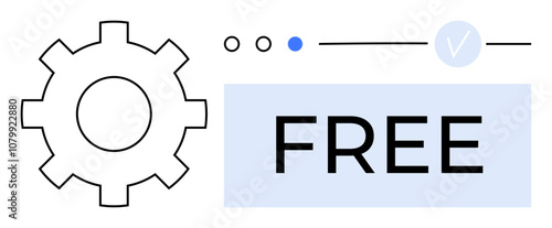 Gear icon next to a FREE label, blue dot, checkmark, and progress line. Ideal for marketing, advertisements, promotions, software online services startups digital content. Line metaphor