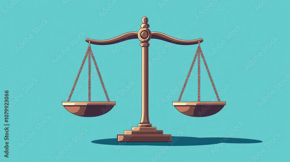 Justice scales symbolizing equality and balance, representing fairness in law and ethics. design features classic style with vibrant background Justice scales symbolizing equality and balance, representing fairness in law and ethics. design features classic style with vibrant background