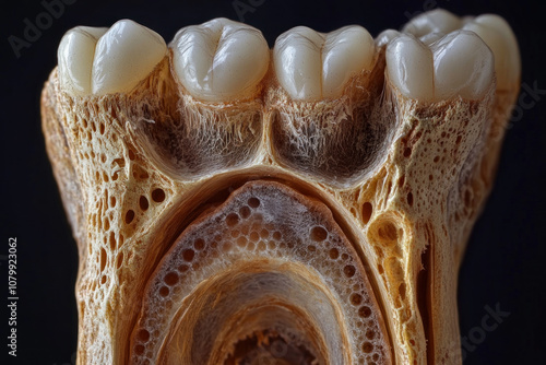 Close-up view of human teeth showing enamel and gums, with detailed texture and dental plaque visible. photo