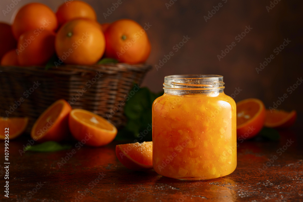 Orange jam and fresh fruits on a brown table. Orange jam and fresh fruits on a brown table.
