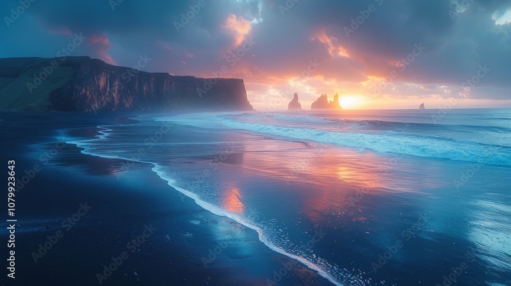 Fototapeta premium Black sand beach with crashing waves at sunset, reflecting the pink sky in the water. AI generative. .