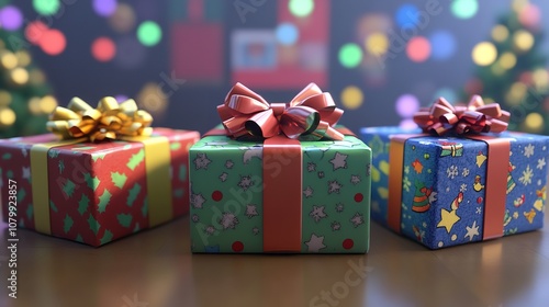 Colorful holiday gifts wrapped with festive bows isolated on photo