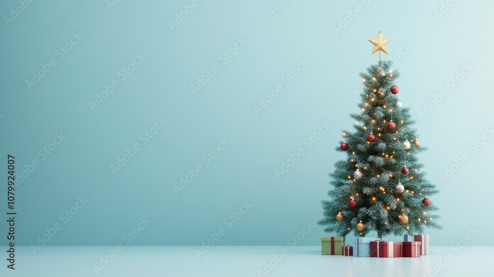 decorated Christmas tree and a star on top, isolated on a simple background. ai generated decorated Christmas tree and a star on top, isolated on a simple background. ai generated