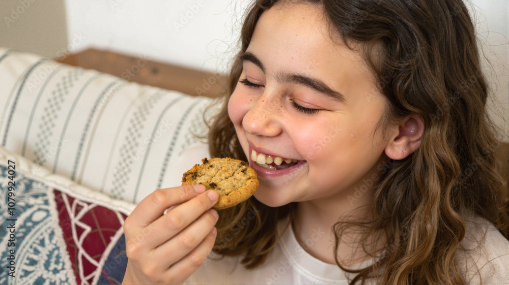 Girl smiling while eating a chocolate chip cookie Girl smiling while eating a chocolate chip cookie