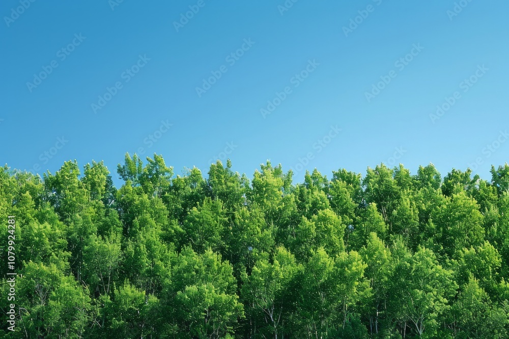 Dense green forest against a clear blue sky. AI generative. . Dense green forest against a clear blue sky. AI generative. .