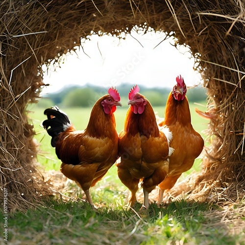 Free range chicken on an organic farm. Freely grazing on a meadow. Chickens walk on the grass