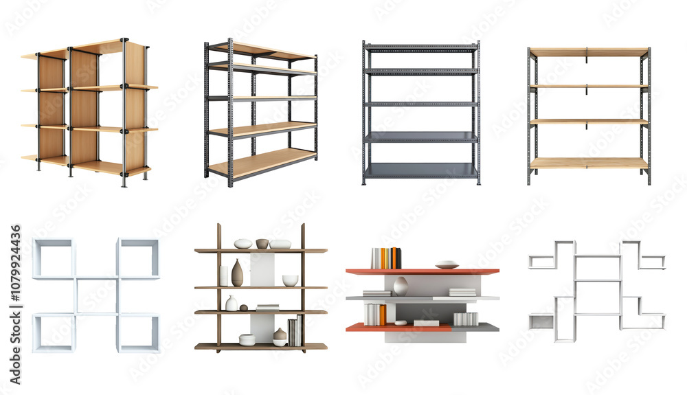 Collection of Modular shelving units with adjustable sections. isolated on transparent background Collection of Modular shelving units with adjustable sections. isolated on transparent background