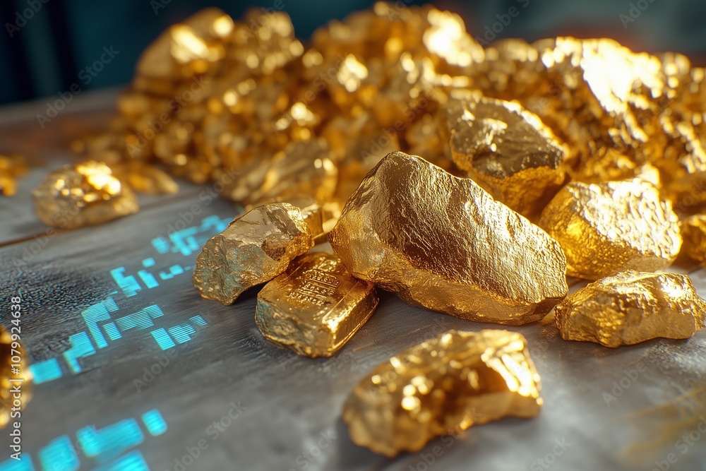 A close-up of valuable gold nuggets scattered on a shiny surface, reflecting light, symbolizing wealth and prosperity. A close-up of valuable gold nuggets scattered on a shiny surface, reflecting light, symbolizing wealth and prosperity.