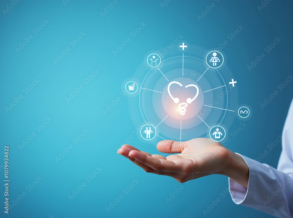 Woman hand touching plus with healthcare medical icon on blue sky background. Health insurance health concept. Access to welfare health and copy space, benefit pharmacy, plan community treatment. Woman hand touching plus with healthcare medical icon on blue sky background. Health insurance health concept. Access to welfare health and copy space, benefit pharmacy, plan community treatment.