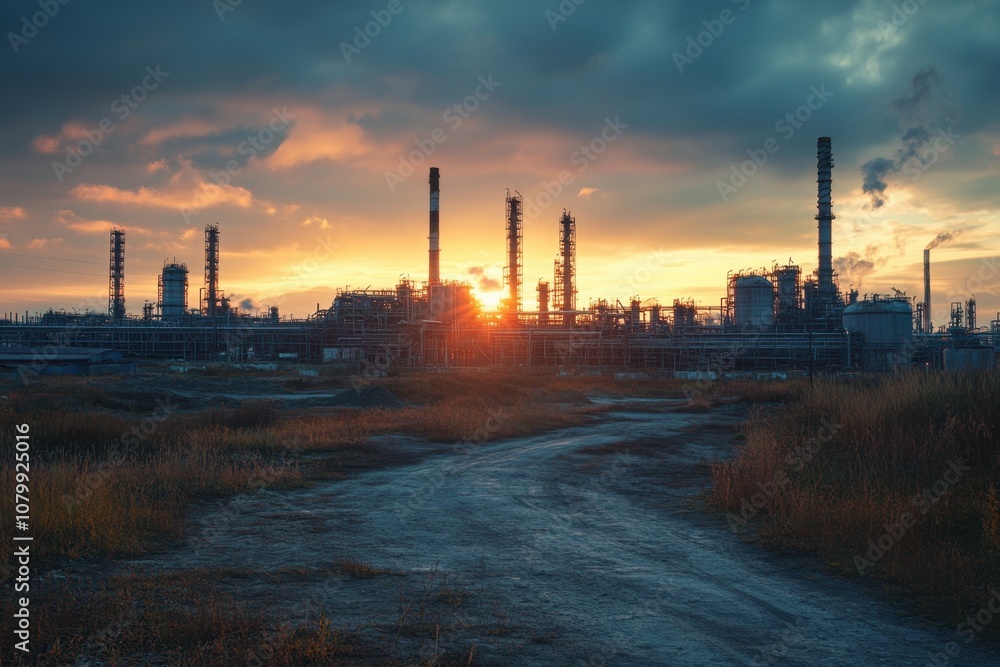 Industrial complex at sunset with a dirt road leading into the frame. Industrial complex at sunset with a dirt road leading into the frame.