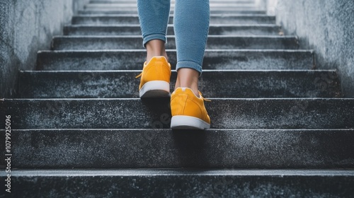 Woman Walking Up Concrete Stairs  Feet in Yellow Sneakers   Motivational Success Symbol