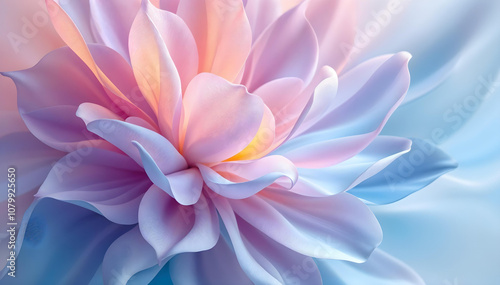 Macro shot of a delicate flower with soft pink and lavender petals transitioning to blue tones, creating a dreamy and ethereal aesthetic with smooth, silky textures.