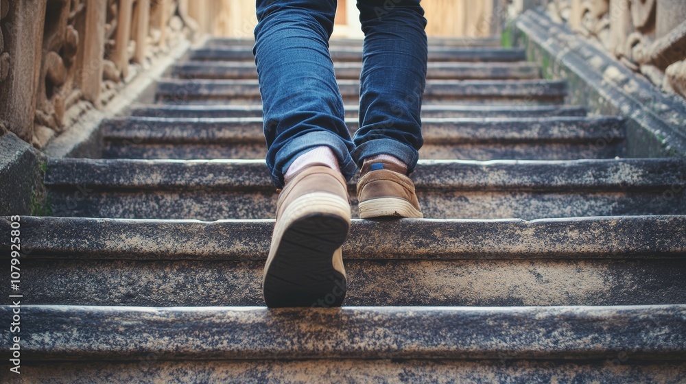Person Walking Up Stone Steps Growth Success Motivation Determination Progress Goa Person Walking Up Stone Steps Growth Success Motivation Determination Progress Goa