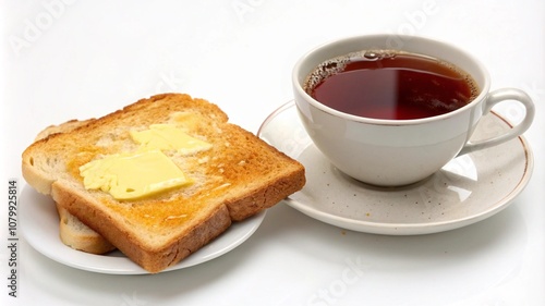 Cup of black tea and buttered bread isolated on white background. Buttered toast and tea
