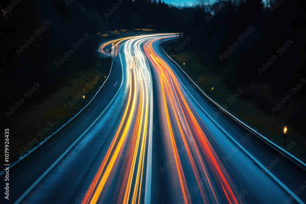 Obraz premium Long exposure photo of a highway at night with car lights streaking.