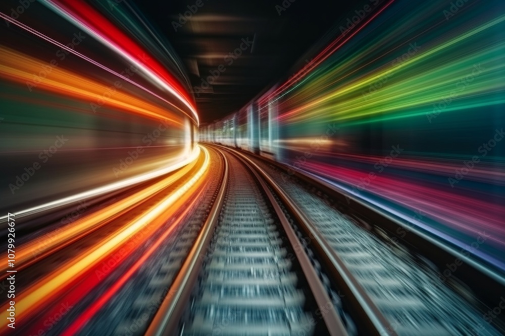 Abstract train tracks with colorful motion blur and a dark background. AI generative. . Abstract train tracks with colorful motion blur and a dark background. AI generative. .