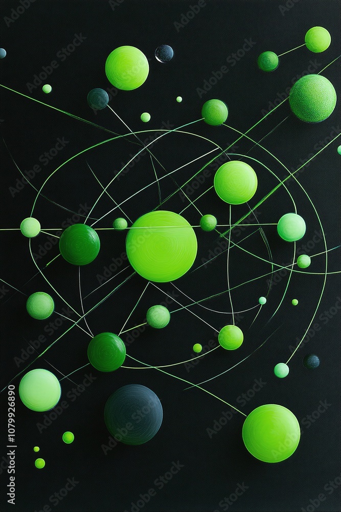 Abstract depiction of green spheres and lines on a black background, representing a modern artistic interpretation of connections and interactions in a digital space Abstract depiction of green spheres and lines on a black background, representing a modern artistic interpretation of connections and interactions in a digital space