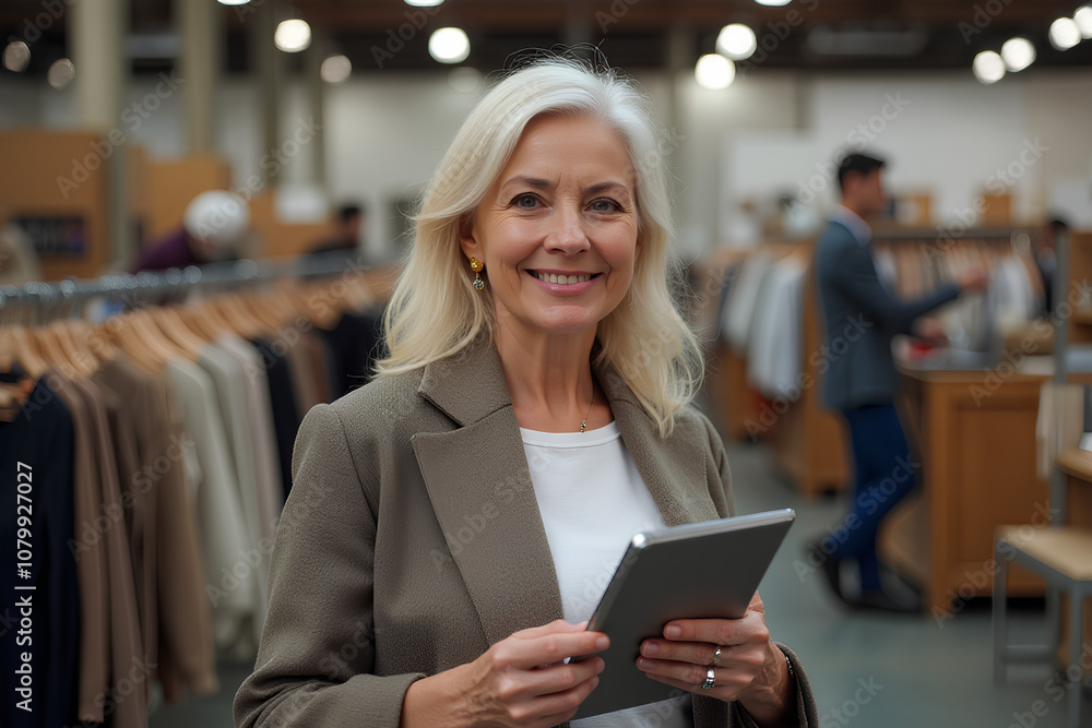 Fototapeta premium Elderly retail, fashion woman with tablet for design management, ecommerce and inventory at a workshop with workers in background. Portrait, senior and small business owner excited about online store