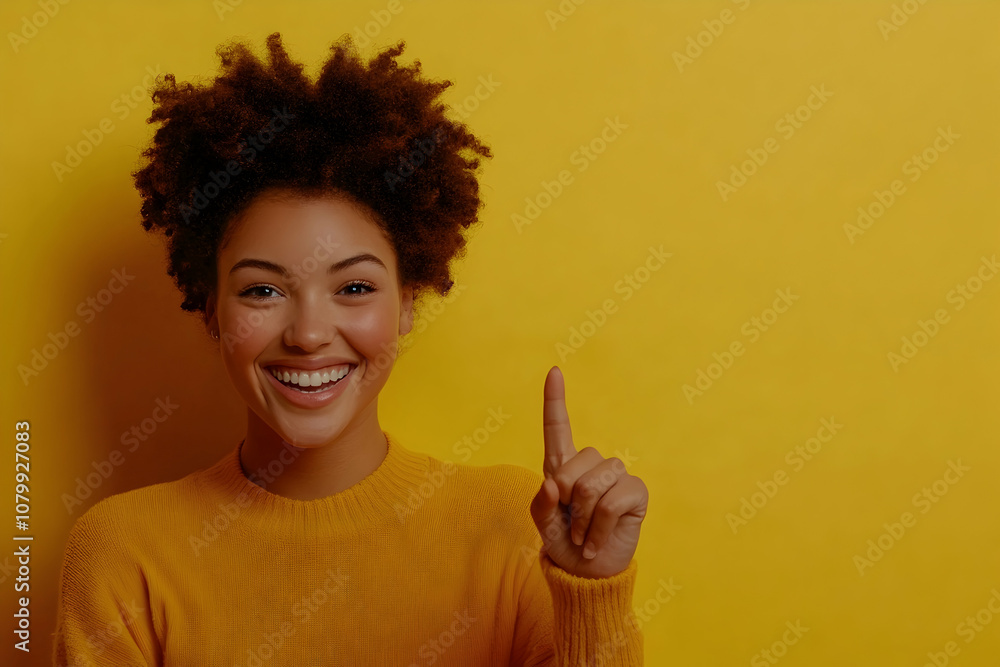 Cheerful young woman on a bright yellow background, pointing with a smile for an ad banner --ar 3:2 - Cheerful young woman on a bright yellow background, pointing with a smile for an ad banner --ar 3:2 -