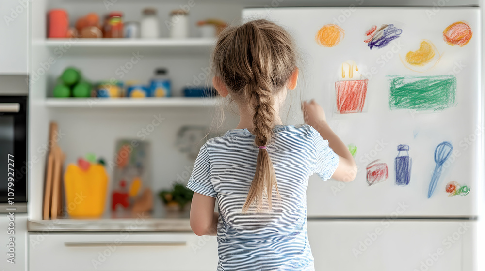 1. Child's artwork is prominently showcased in a vibrant frame affixed to the refrigerator. 1. Child's artwork is prominently showcased in a vibrant frame affixed to the refrigerator.