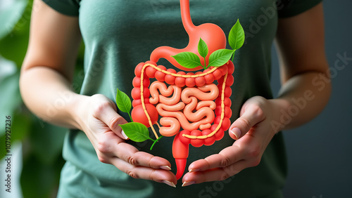 Woman holding stomach with a superimposed illustration of intestines surrounded by green leaves, representing digestive system health photo