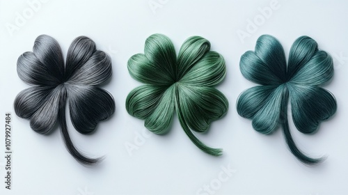  Three Leaf-Shaped Hair Arrangements in Gradient Greens on White Background, St. Patrick's Day concept photo